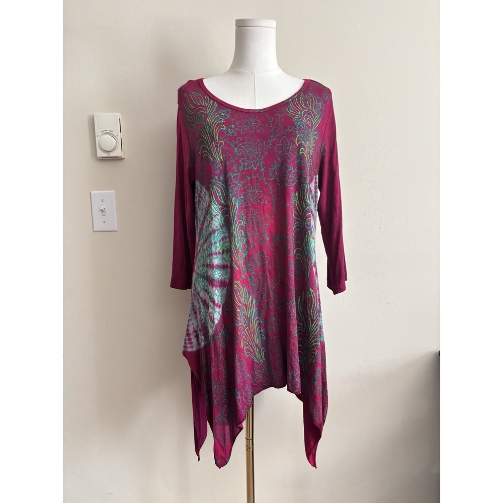 India Boutique Medium Large Tunic Top Asymmetrical Hot Pink Tie Dye Boho Hippie